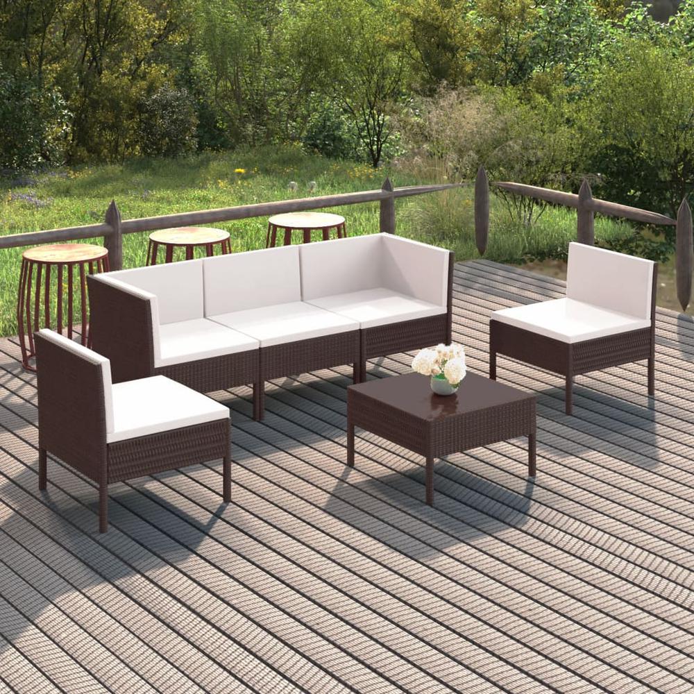 vidaXL 6 Piece Patio Lounge Set with Cushions Poly Rattan Brown, 3094343. Picture 1
