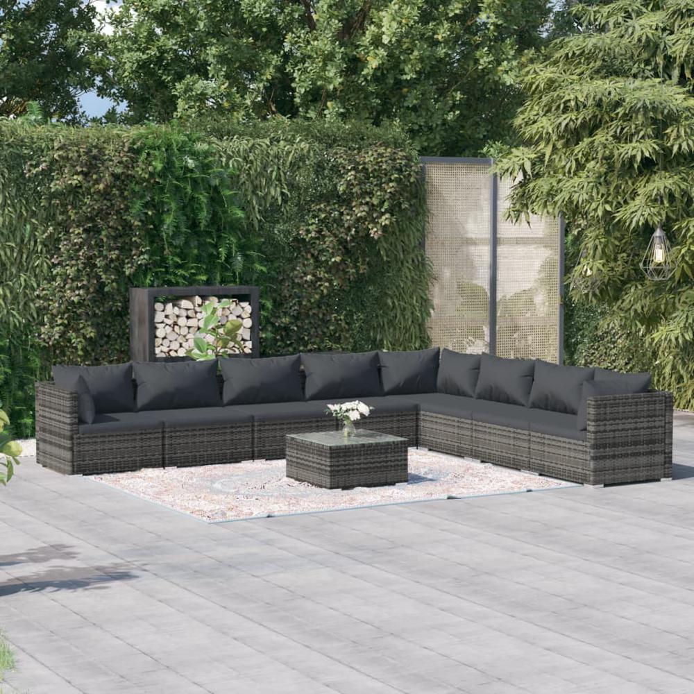 vidaXL 9 Piece Patio Lounge Set with Cushions Poly Rattan Gray, 3101781. Picture 1