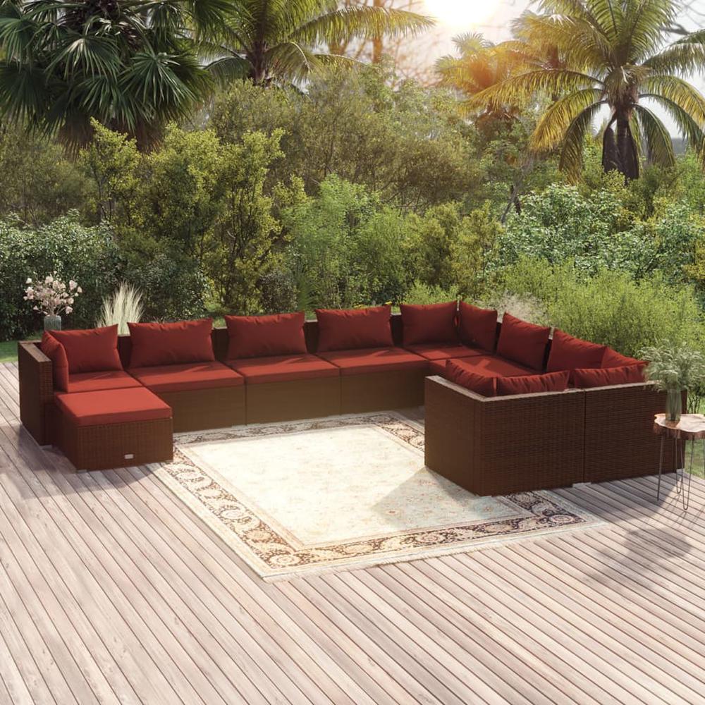 vidaXL 10 Piece Patio Lounge Set with Cushions Poly Rattan Brown, 3102683. Picture 1