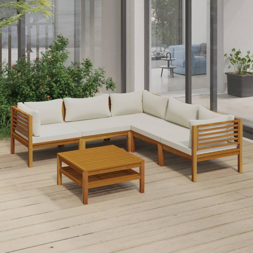 vidaXL 6 Piece Patio Lounge Set with Cream Cushion Solid Acacia Wood, 3086937. Picture 1