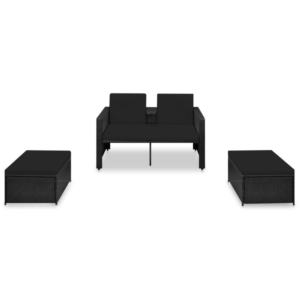 vidaXL 3 Piece Patio Lounge Set with Cushions Poly Rattan Black, 313129. Picture 2