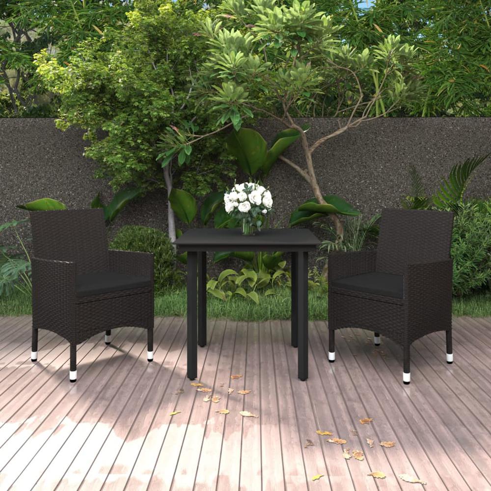 vidaXL 3 Piece Patio Dining Set with Cushions Poly Rattan and Glass, 3099685. Picture 1