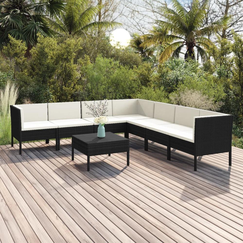 vidaXL 8 Piece Patio Lounge Set with Cushions Poly Rattan Black, 3094456. Picture 1