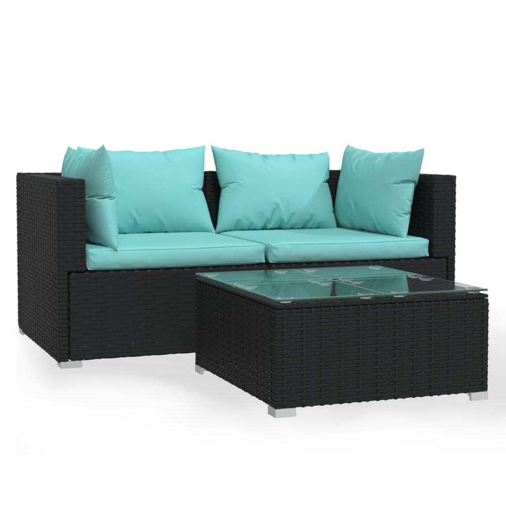 vidaXL 3 Piece Patio Lounge Set with Cushions Black Poly Rattan, 317532. Picture 2
