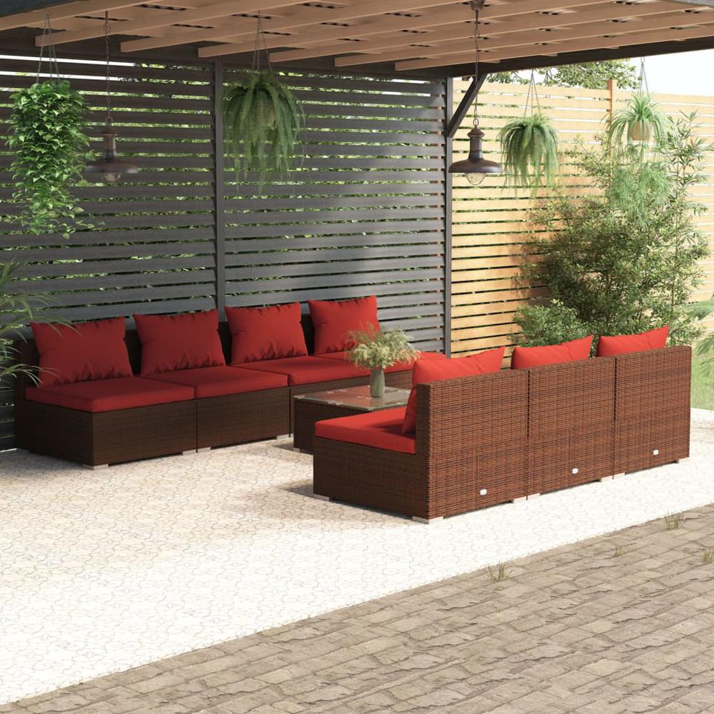 vidaXL 8 Piece Patio Lounge Set with Cushions Poly Rattan Brown, 3101467. Picture 1