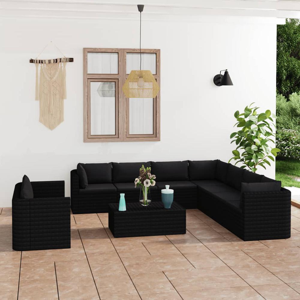 vidaXL 11 Piece Patio Lounge Set with Cushions Poly Rattan Black, 3059497. Picture 1