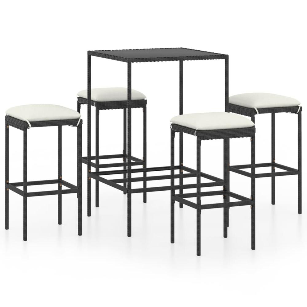 vidaXL 5 Piece Patio Bar Set with Cushions Poly Rattan Black, 3064820. Picture 2