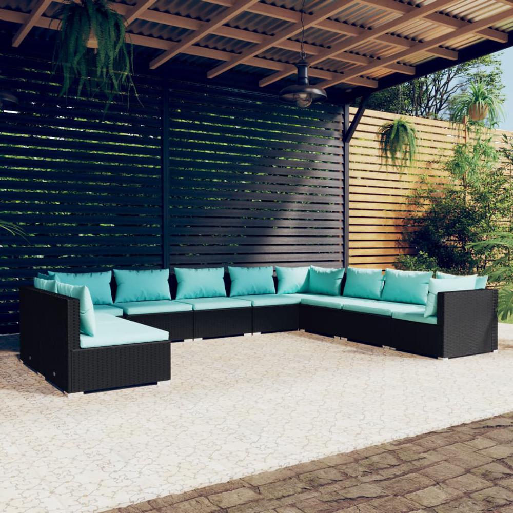 vidaXL 10 Piece Patio Lounge Set with Cushions Black Poly Rattan, 3102433. The main picture.