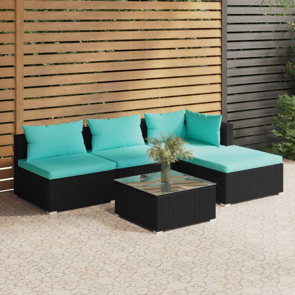 vidaXL 5 Piece Patio Lounge Set with Cushions Poly Rattan Black, 3101617. Picture 1