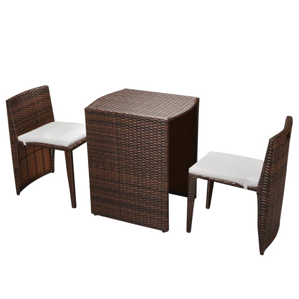 vidaXL 3 Piece Bistro Set with Cushions Poly Rattan Brown. Picture 2
