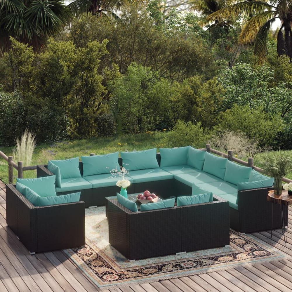 vidaXL 12 Piece Patio Lounge Set with Cushions Black Poly Rattan, 3102881. Picture 1
