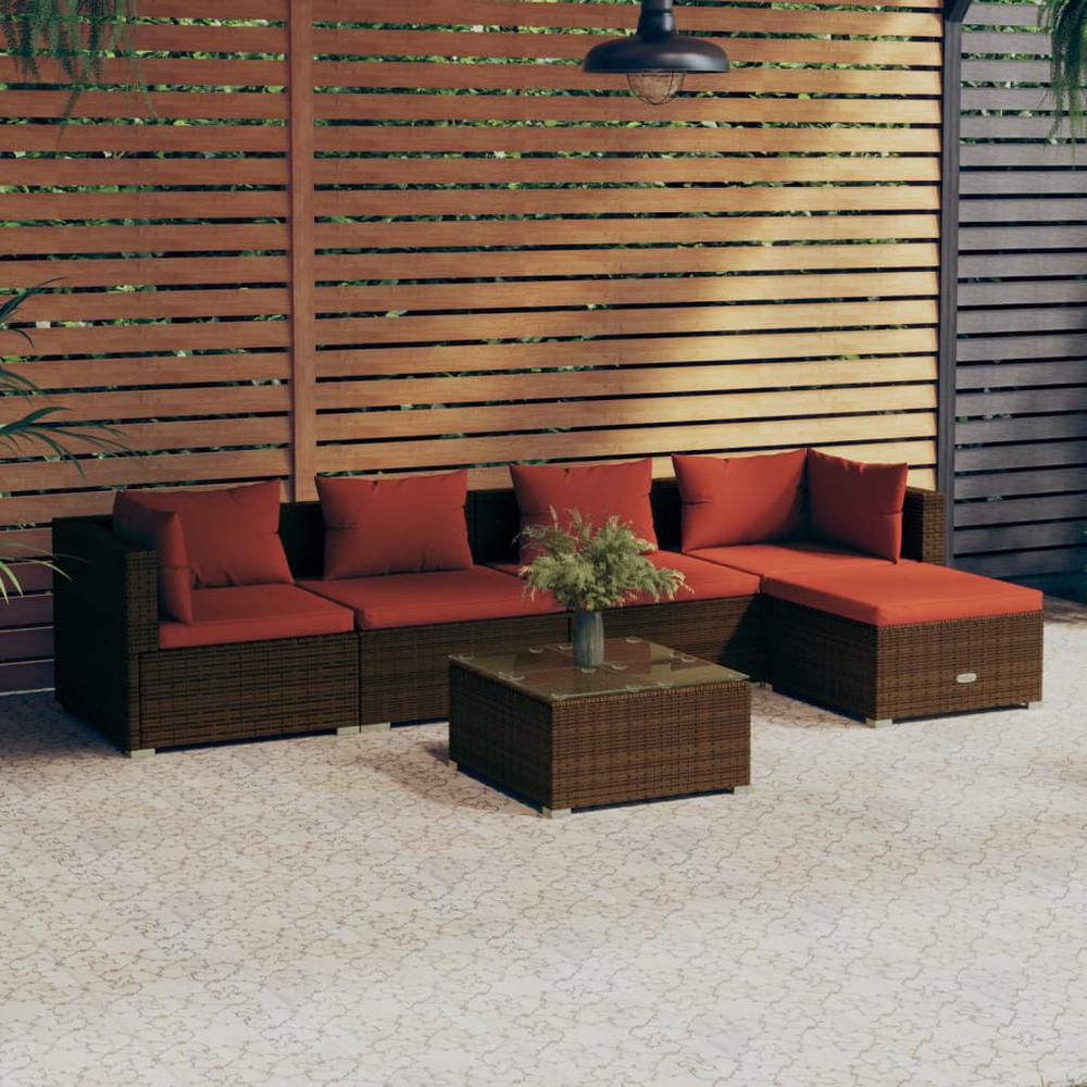 vidaXL 6 Piece Patio Lounge Set with Cushions Poly Rattan Brown, 3101667. Picture 1