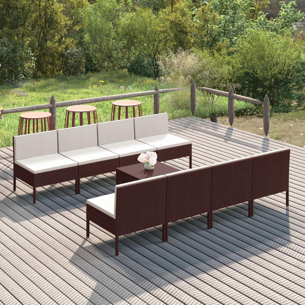 vidaXL 9 Piece Patio Lounge Set with Cushions Poly Rattan Brown, 3094331. Picture 1