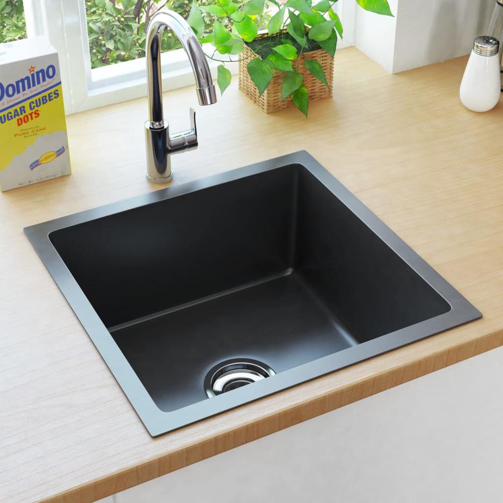 vidaXL Handmade Kitchen Sink with Strainer Black Stainless Steel, 145083. Picture 1