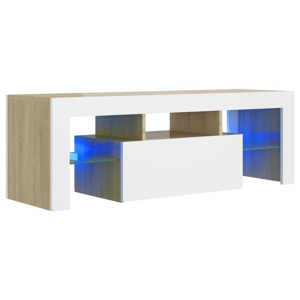 vidaXL TV Cabinet with LED Lights White and Sonoma Oak 47.2"x13.8"x15.7", 804351. Picture 2
