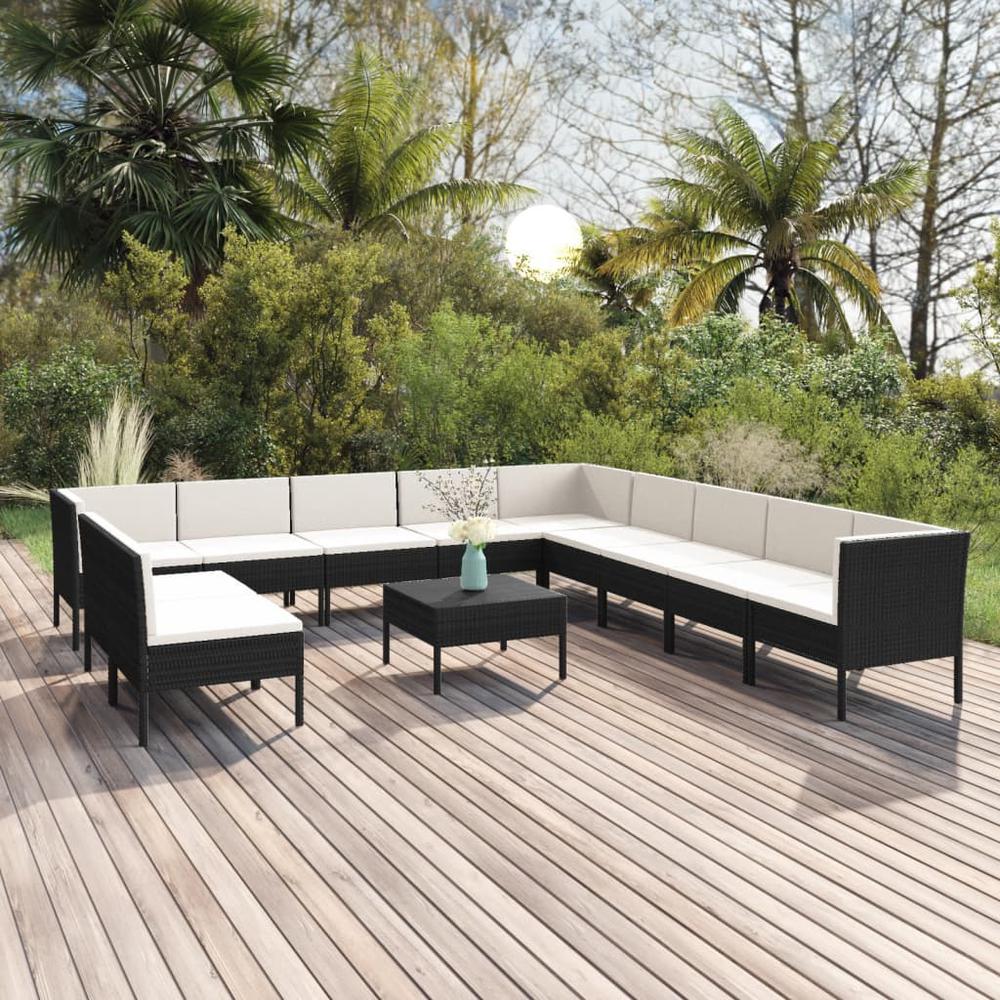 vidaXL 12 Piece Patio Lounge Set with Cushions Poly Rattan Black, 3094476. Picture 1