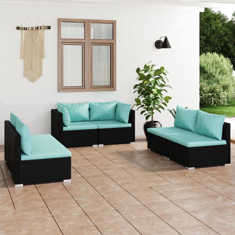 vidaXL 6 Piece Patio Lounge Set with Cushions Poly Rattan Black, 3102209. Picture 1