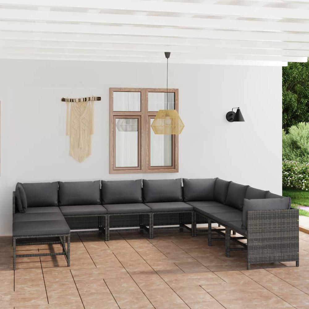 vidaXL 11 Piece Patio Lounge Set with Cushions Poly Rattan Gray, 3059775. Picture 1