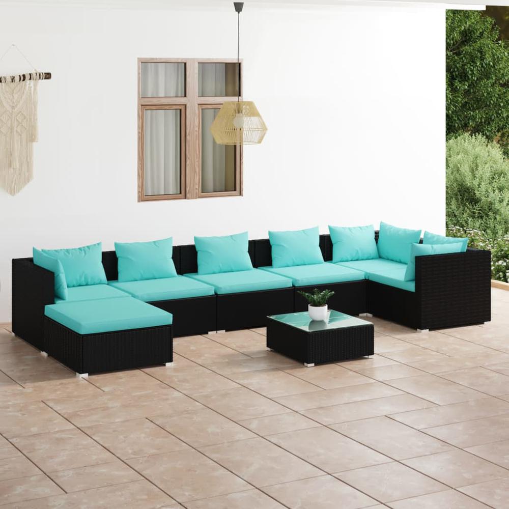 vidaXL 8 Piece Patio Lounge Set with Cushions Poly Rattan Black, 3101841. Picture 1