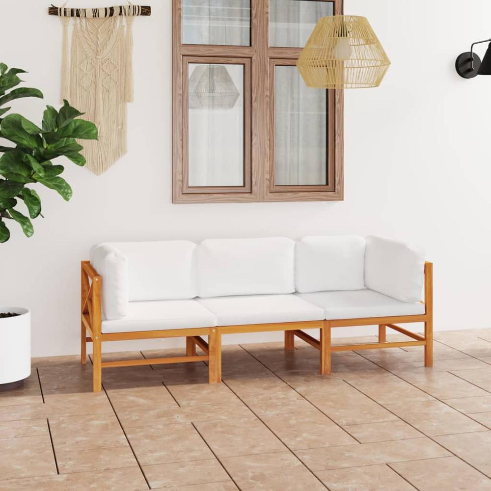 vidaXL 3-Seater Patio Sofa with Cream Cushions Solid Teak Wood. Picture 1