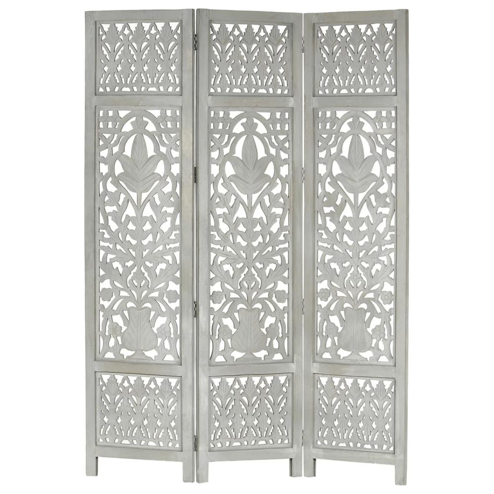 vidaXL Hand Carved 3-Panel Room Divider Gray 47.2"x65" Solid Mango Wood, 285332. Picture 2