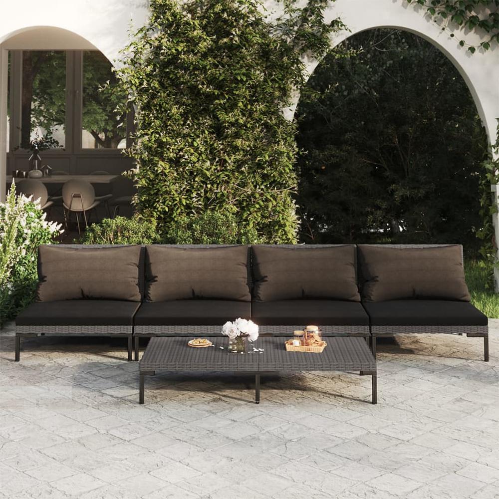 vidaXL 5 Piece Patio Lounge Set with Cushions Poly Rattan Dark Gray, 3099815. Picture 1