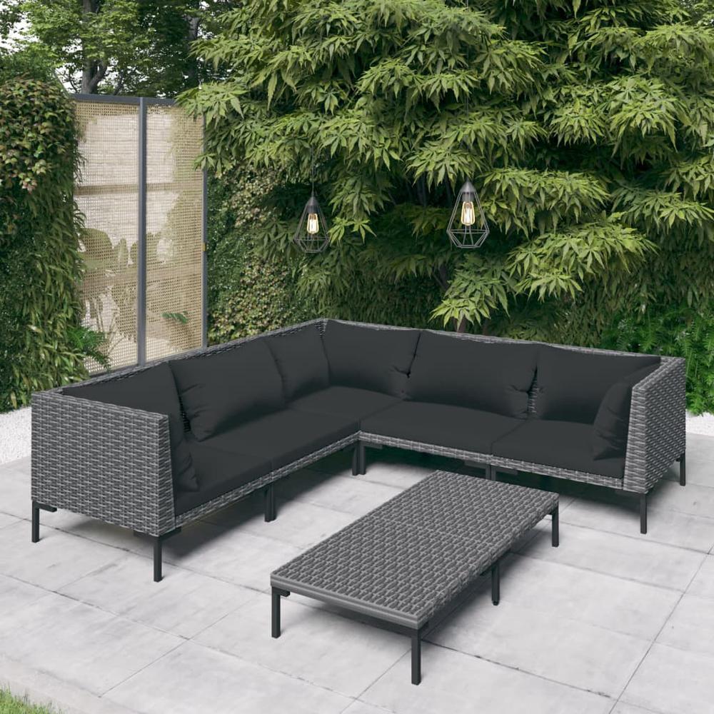 vidaXL 6 Piece Patio Lounge Set with Cushions Poly Rattan Dark Gray, 3099841. Picture 1