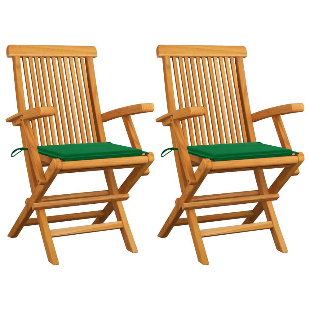 vidaXL Patio Chairs with Green Cushions 2 pcs Solid Teak Wood. Picture 1