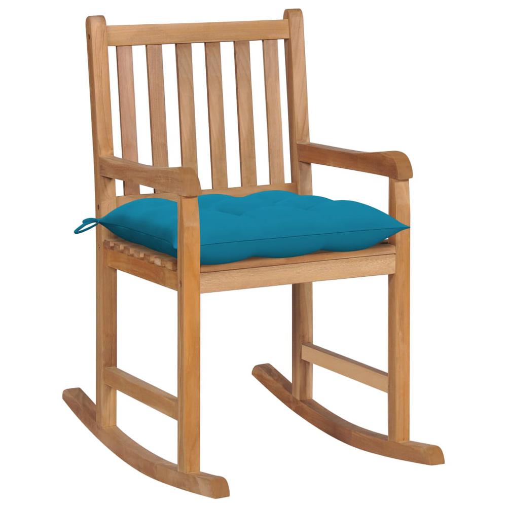 vidaXL Rocking Chair with Light Blue Cushion Solid Teak Wood. Picture 1