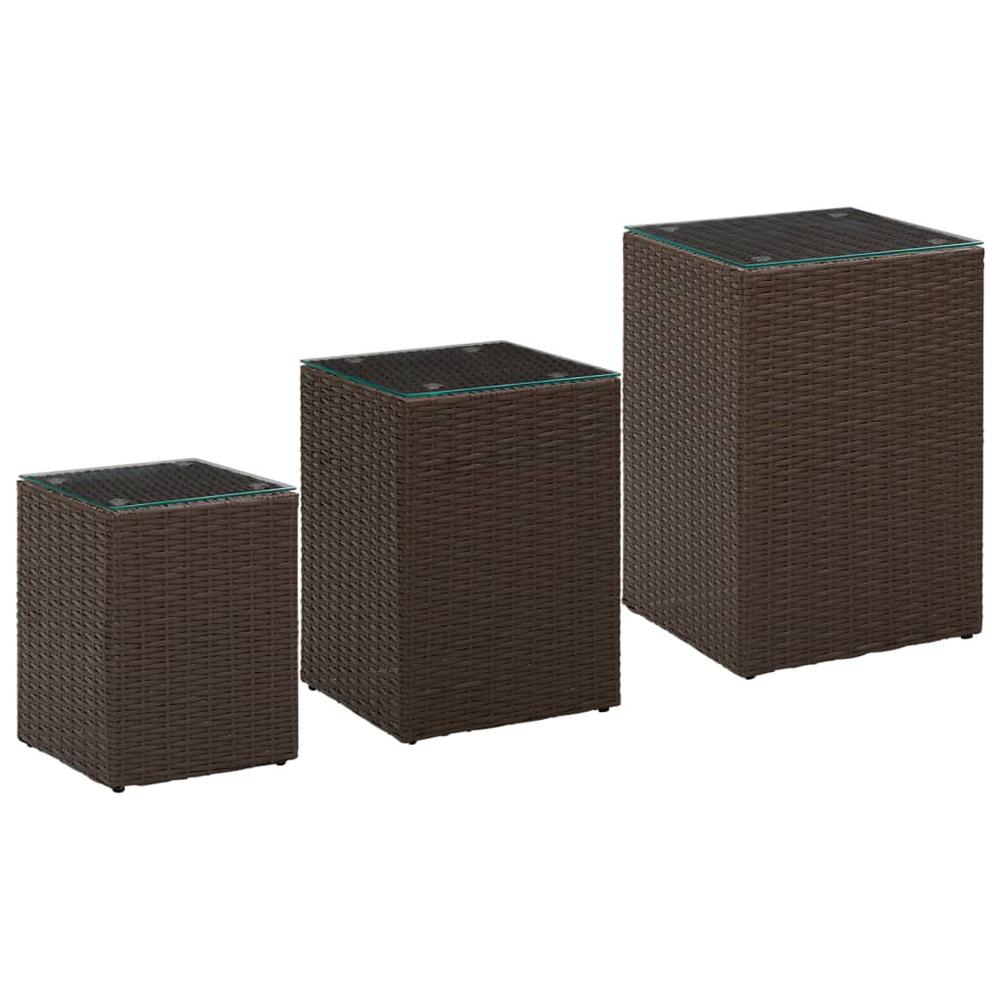 vidaXL Side Tables 3 pcs with Glass Top Brown Poly Rattan. Picture 1