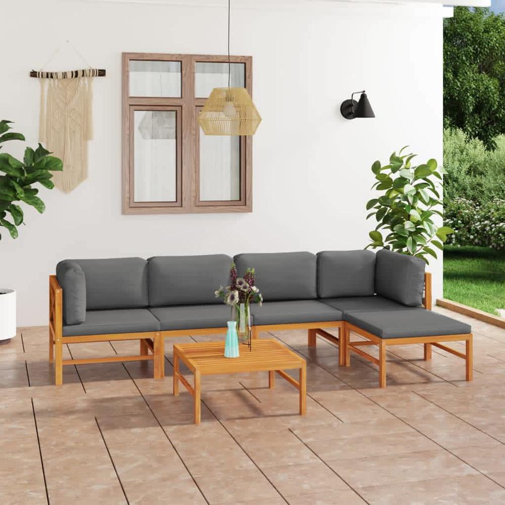 vidaXL 6 Piece Patio Lounge Set with Gray Cushions Solid Teak Wood, 3087203. Picture 10
