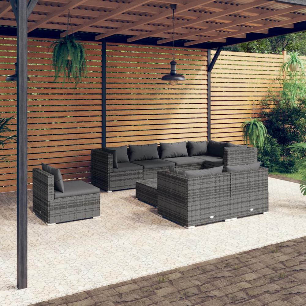 vidaXL 9 Piece Patio Lounge Set with Cushions Poly Rattan Gray, 3102621. Picture 1