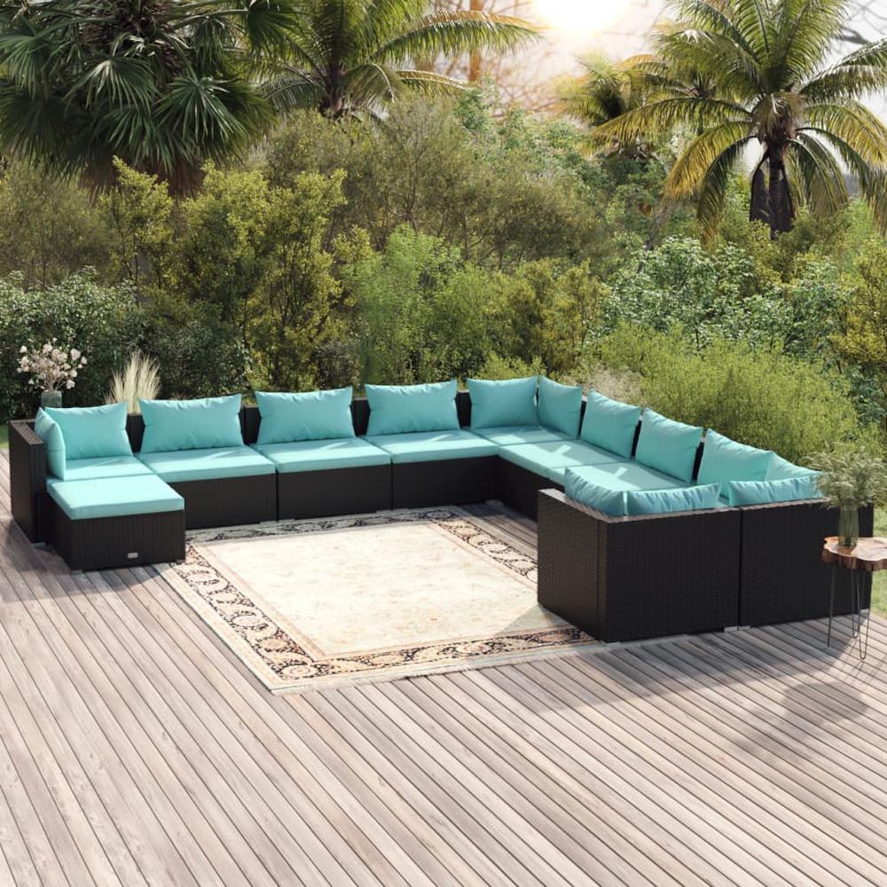 vidaXL 11 Piece Patio Lounge Set with Cushions Poly Rattan Black, 3102705. The main picture.