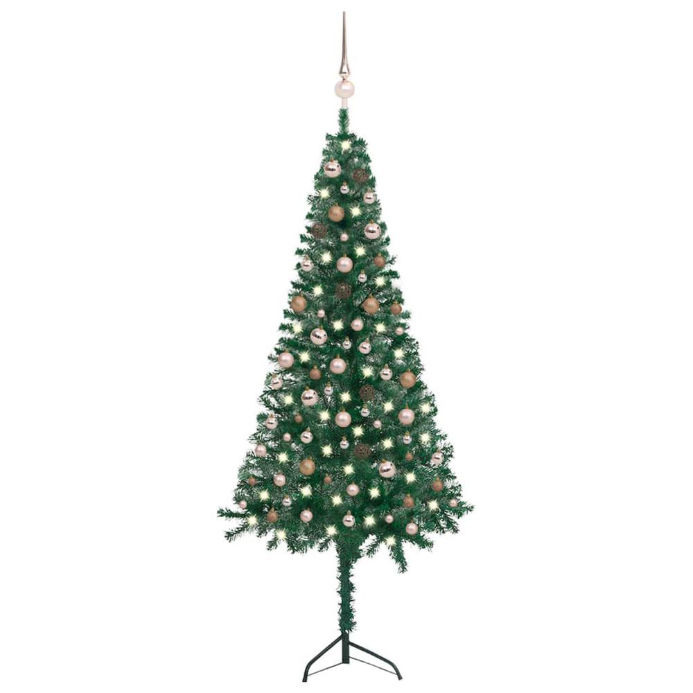 vidaXL Corner Artificial Christmas Tree LEDs&Ball Set Green 82.7" PVC, 3077955. Picture 1