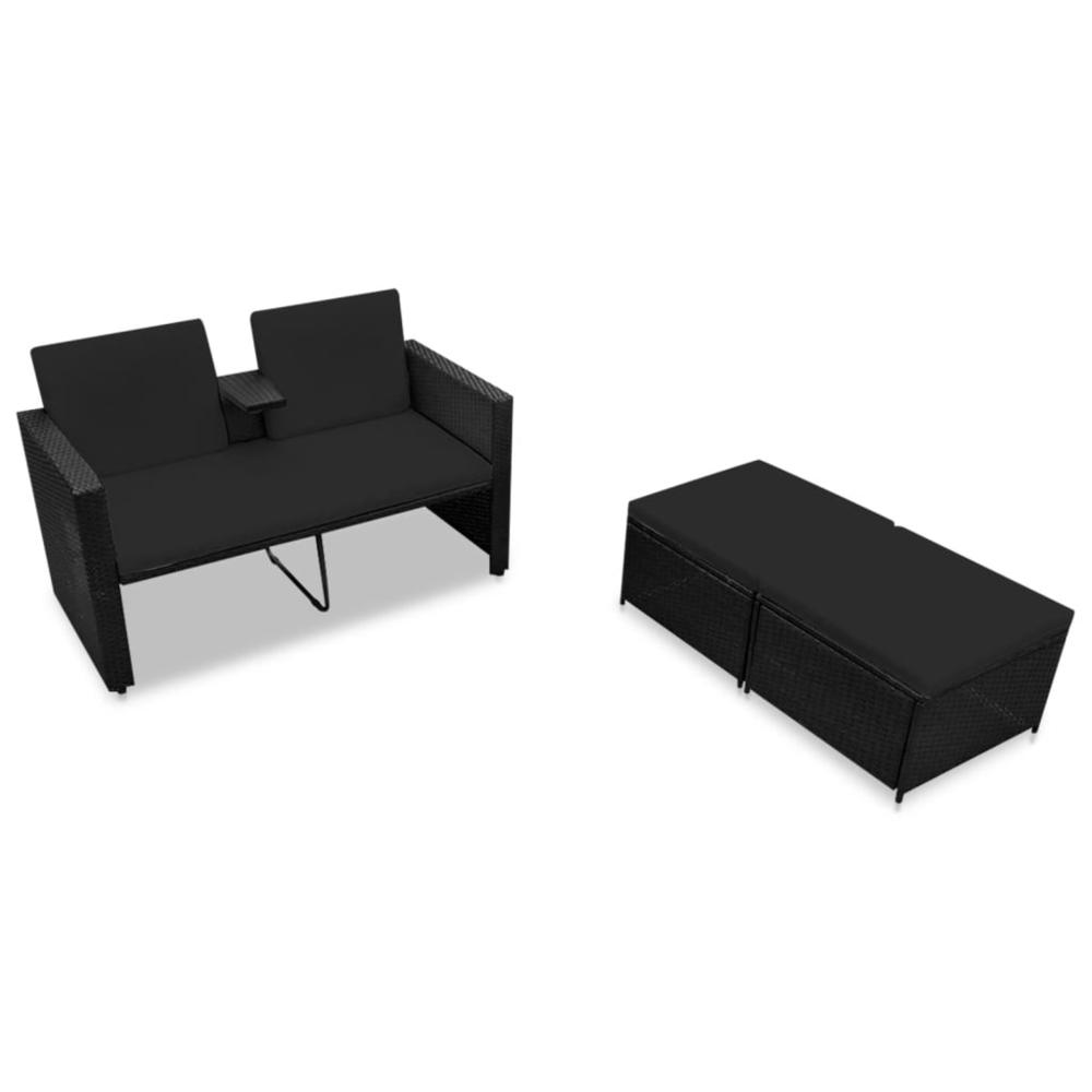 vidaXL 3 Piece Patio Lounge Set with Cushions Poly Rattan Black, 313129. Picture 3