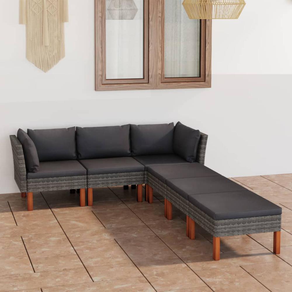 vidaXL 6 Piece Patio Lounge Set with Cushions Poly Rattan Gray. Picture 9