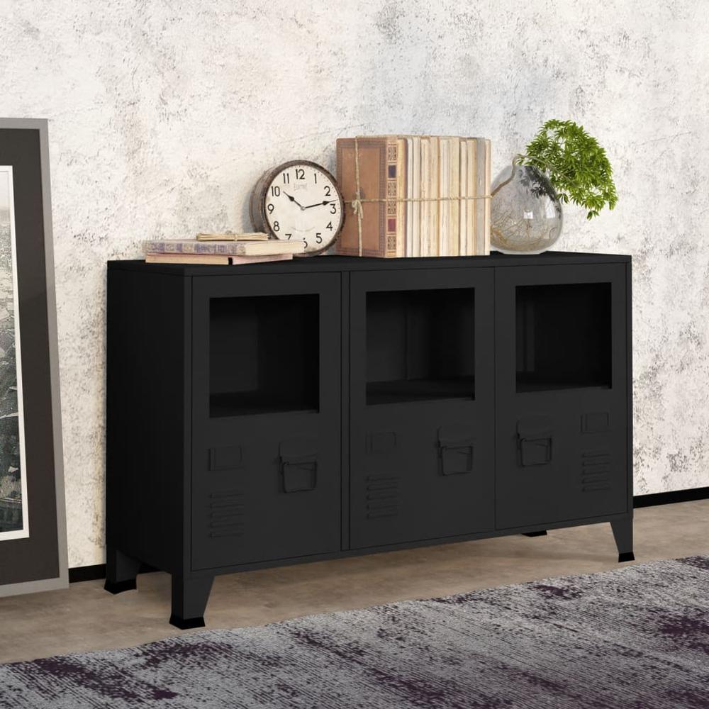 vidaXL Industrial Sideboard Black 41.3"x13.8"x24.4" Metal and Glass. Picture 1
