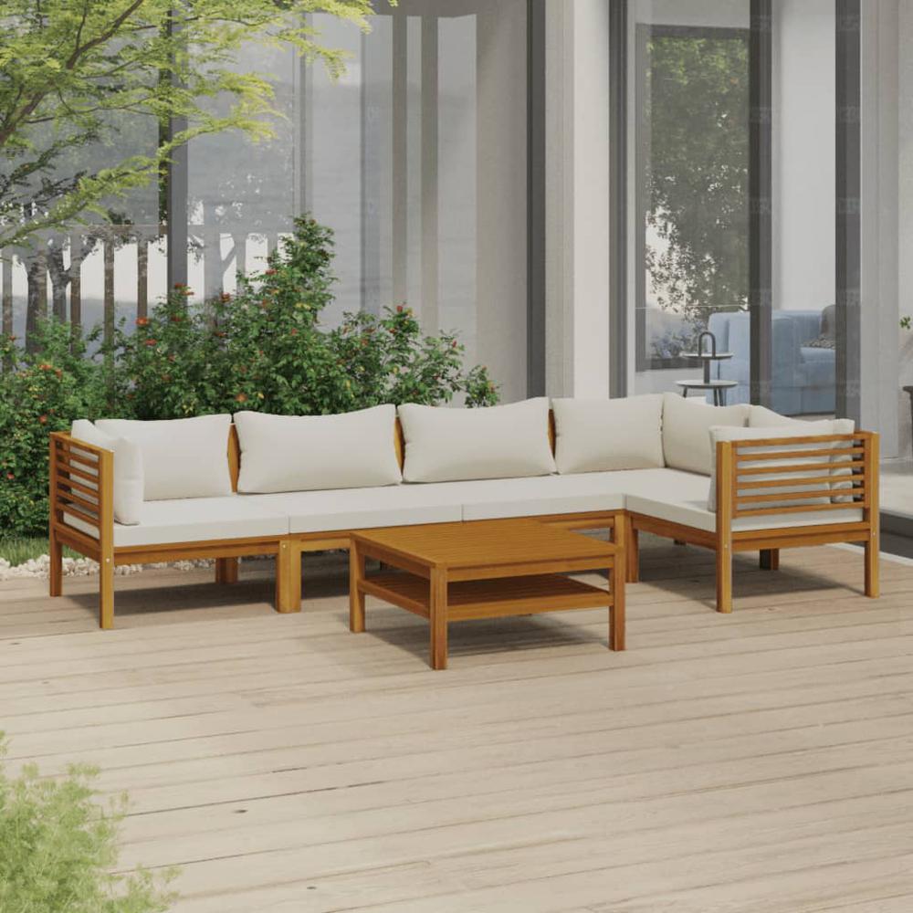 vidaXL 6 Piece Patio Lounge Set with Cream Cushion Solid Acacia Wood, 3086950. Picture 1