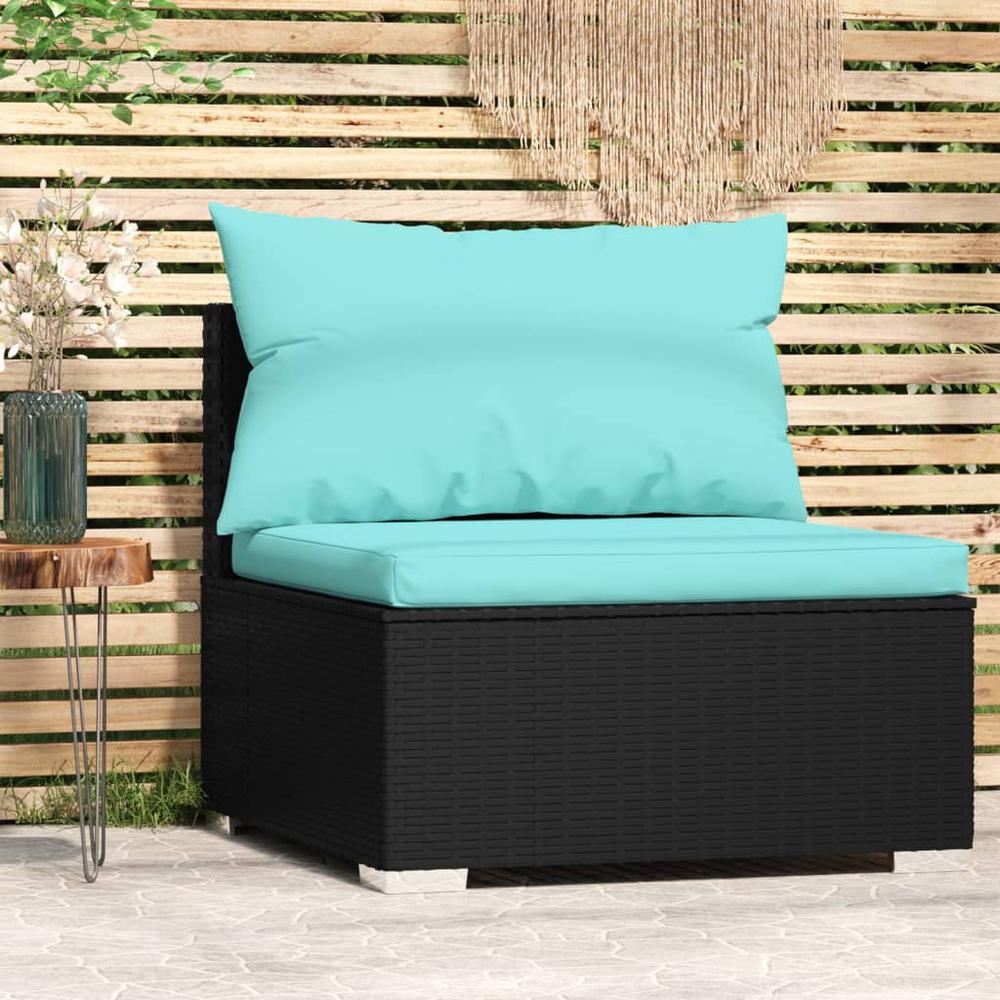vidaXL Patio Middle Sofa with Cushions Black Poly Rattan, 317537. Picture 1