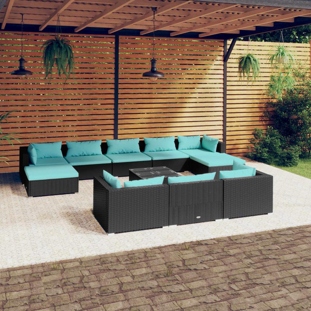 vidaXL 11 Piece Patio Lounge Set with Cushions Black Poly Rattan, 3102049. The main picture.