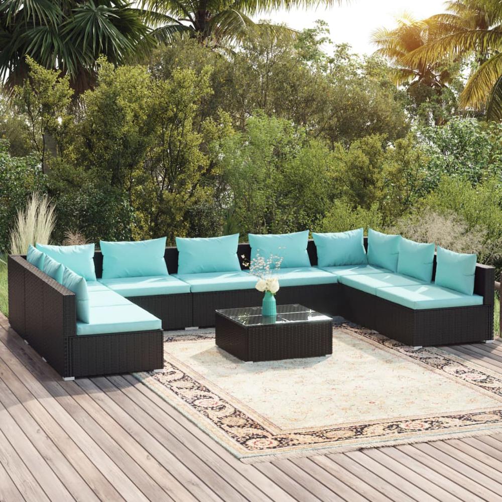 vidaXL 10 Piece Patio Lounge Set with Cushions Poly Rattan Black, 3101913. Picture 1
