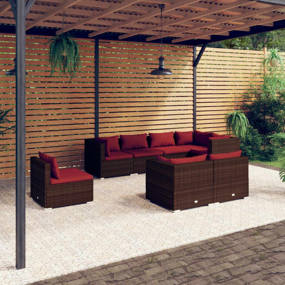 vidaXL 8 Piece Patio Lounge Set with Cushions Poly Rattan Brown, 3102611. Picture 1