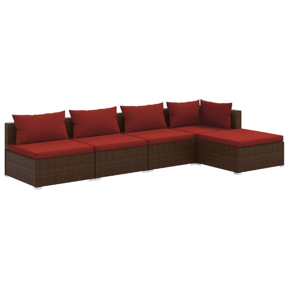 vidaXL 5 Piece Patio Lounge Set with Cushions Poly Rattan Brown, 3101627. Picture 2