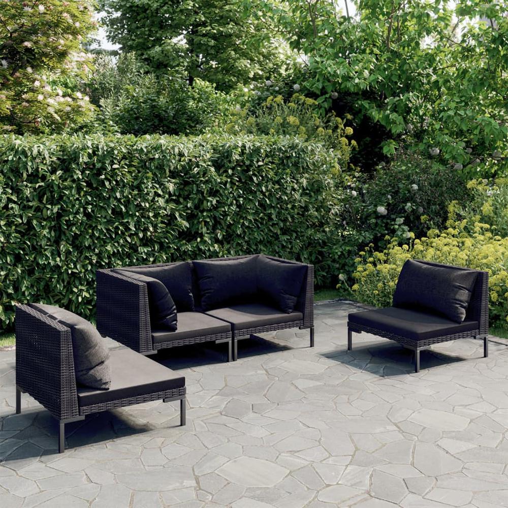 vidaXL 4 Piece Patio Lounge Set with Cushions Poly Rattan Dark Gray, 3099818. Picture 1