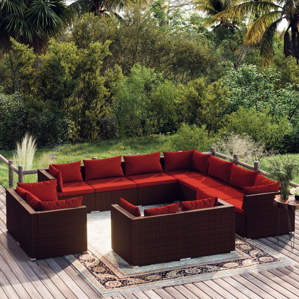 vidaXL 11 Piece Patio Lounge Set with Cushions Brown Poly Rattan, 3102875. Picture 1