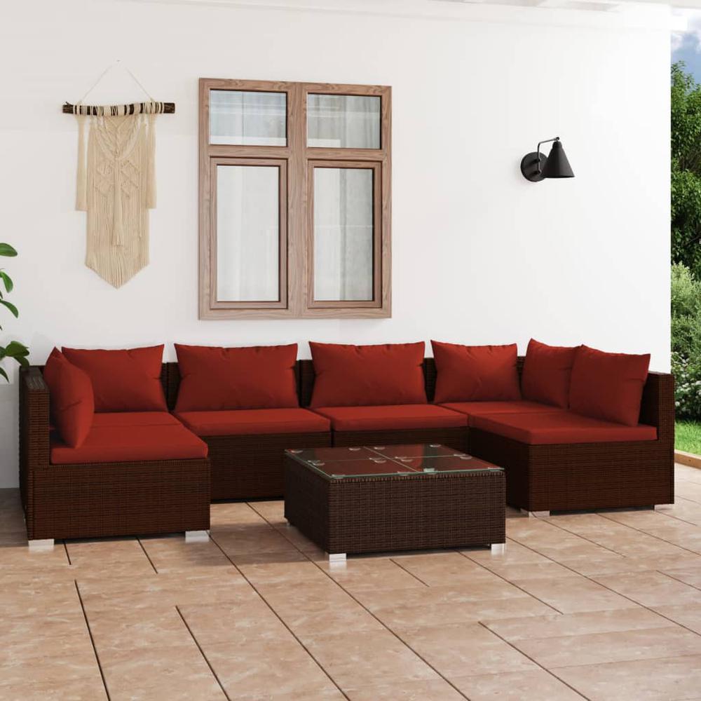 vidaXL 7 Piece Patio Lounge Set with Cushions Poly Rattan Brown, 3101883. Picture 1