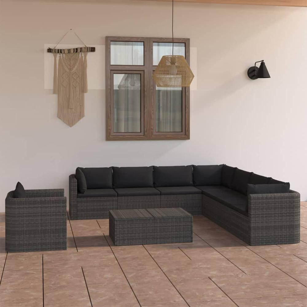 vidaXL 9 Piece Patio Lounge Set with Cushions Poly Rattan Gray, 3059488. Picture 1