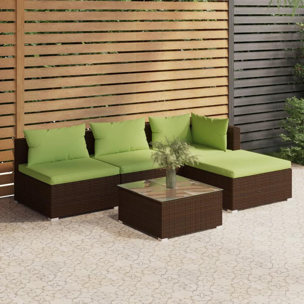 vidaXL 5 Piece Patio Lounge Set with Cushions Poly Rattan Brown, 3101620. Picture 1