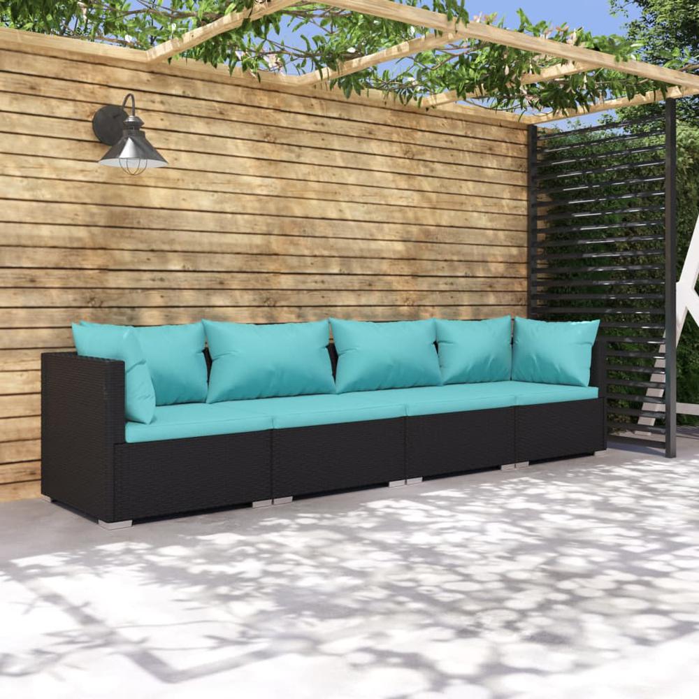 vidaXL 4 Piece Patio Lounge Set with Cushions Poly Rattan Black, 3101425. Picture 1