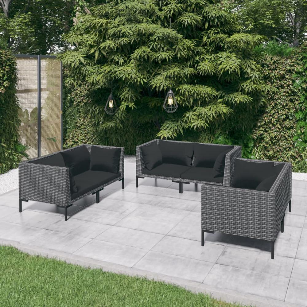 vidaXL 6 Piece Patio Lounge Set with Cushions Poly Rattan Dark Gray, 3099830. Picture 1